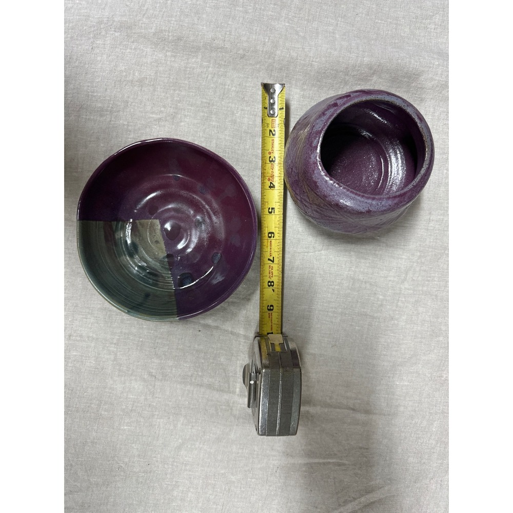 Handcrafted Studio Pottery Purple Glaze Bowl and Textured Vessel Set Artisan